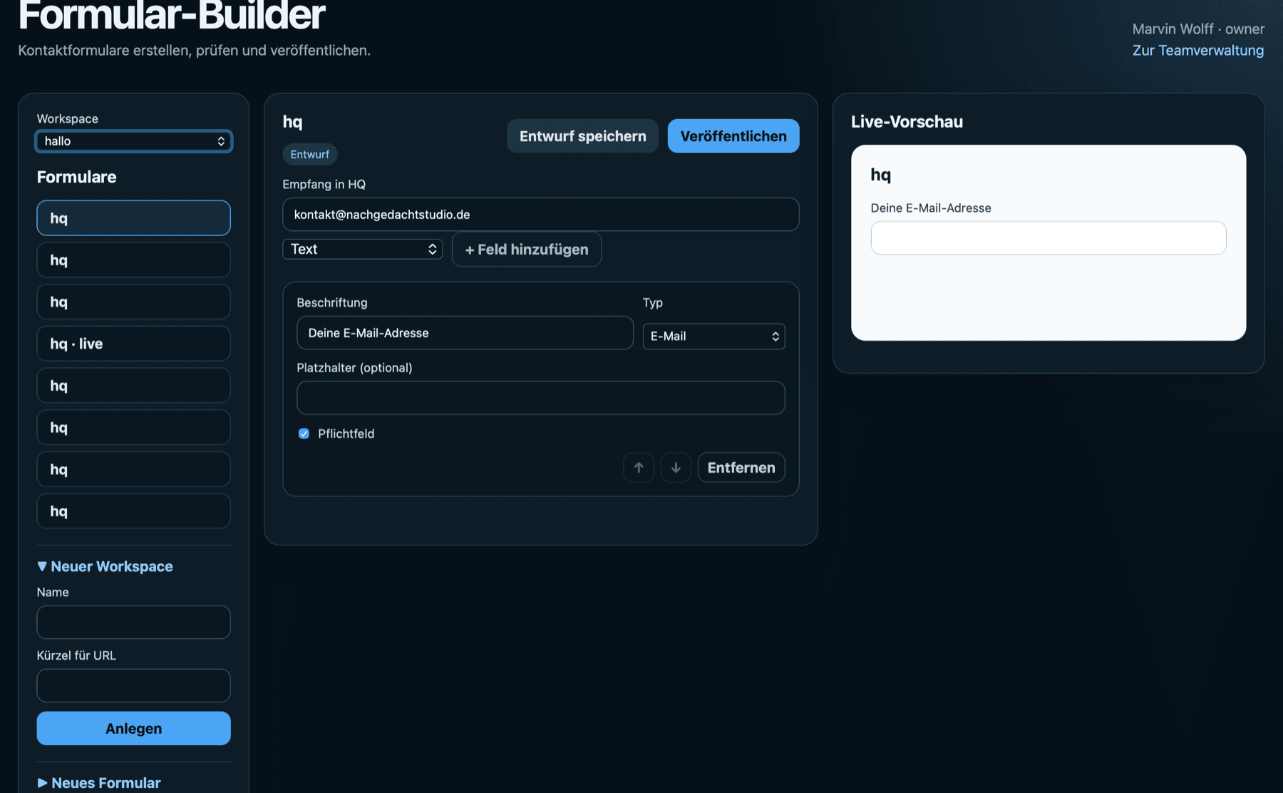 Geöffneter NachGedacht HQ Formular-Builder mit Live-Vorschau