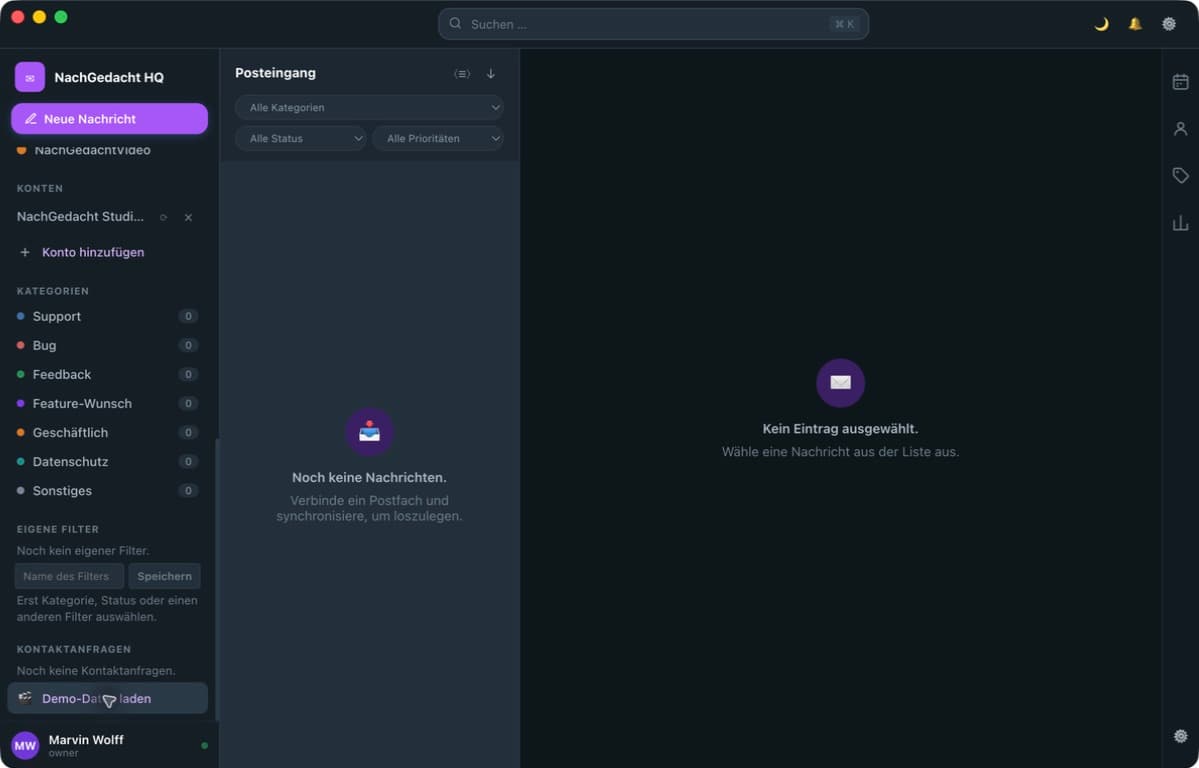 NachGedacht HQ mit Projektpostfach und geöffnetem Vorgang