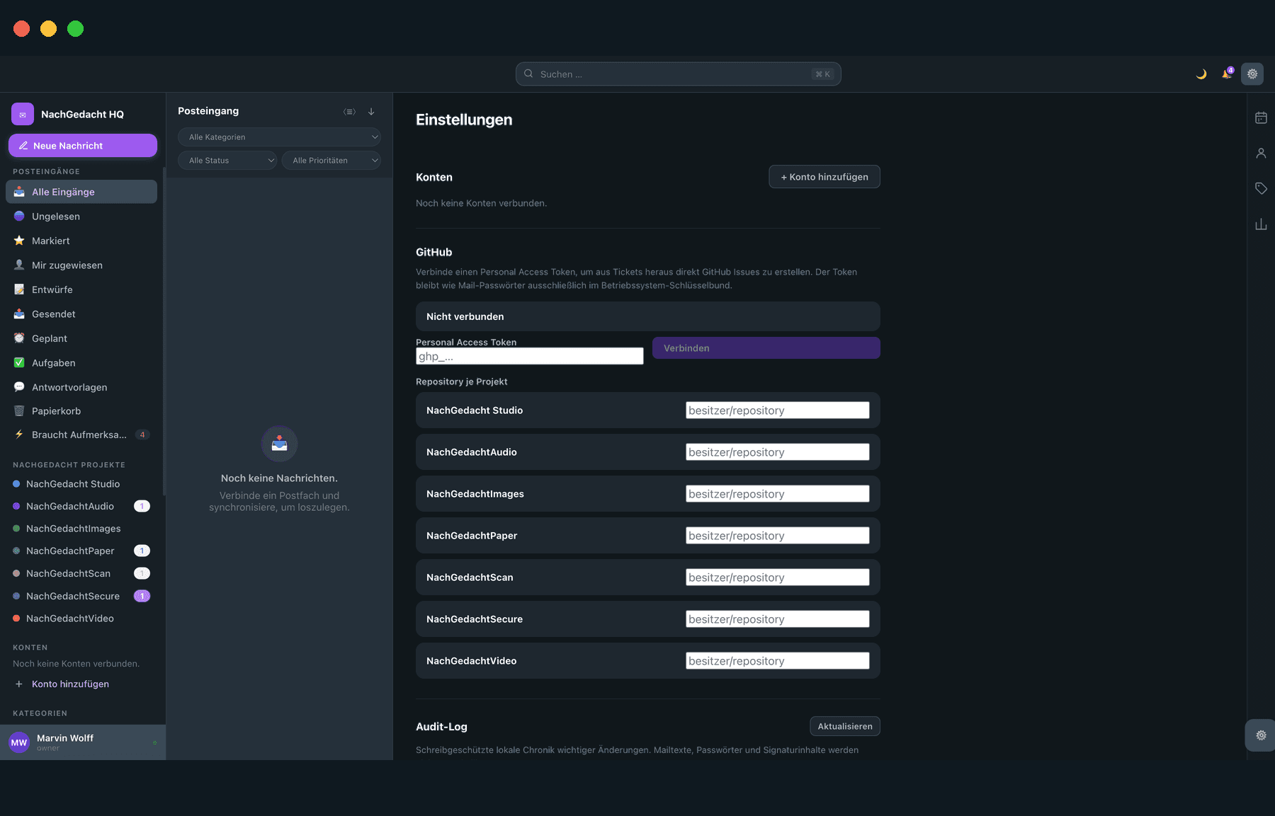 NachGedacht HQ Einstellungen mit Konten und verbundenen Diensten